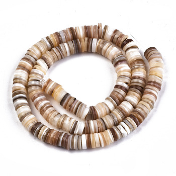 Natural Freshwater Shell Beads Strands, Disc/Flat Round, Heishi Beads, Shell Shards, Wheat, 7~8x0.5~2.5mm, Hole: 0.8mm, about 204pcs/Strand, 15.16 inch(38.5cm)