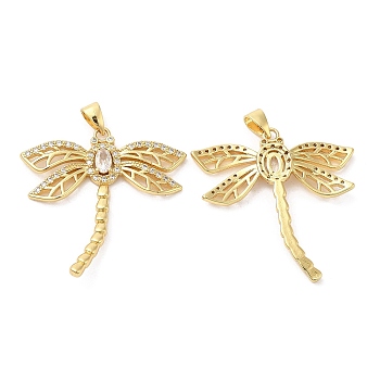 Brass Micro Pave Cubic Zirconia Pendants, Lead Free & Cadmium Free, Dragonfly Charms, Real 18K Gold Plated, 32x33x3mm, Hole: 5.5X2.7mm