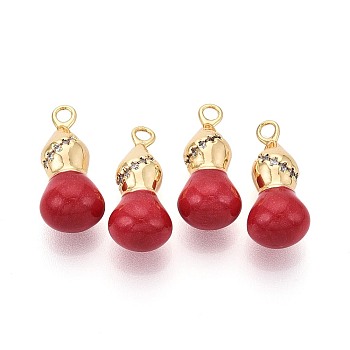 Brass Micro Pave Clear Cubic Zirconia Pendants, Gourd Charms, with Enamel, Real 18K Gold Plated, FireBrick, 20x9x8mm, Hole: 2mm