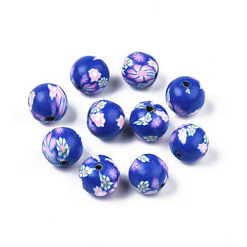 Handmade Polymer Clay Beads, Round with Flower, Medium Blue, 10~11x10mm, Hole: 1.5mm
