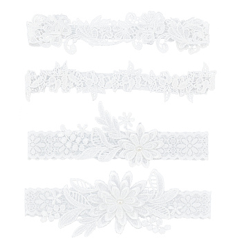 AHANDMAKER 2 Sets 2 Style Polyester Lace Elastic Bridal Garters, Wedding Garment Accessories, White, 46~73mm, 1 set/style