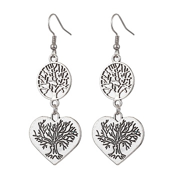Tree of Life Alloy Dangle Earrings, 304 Stainless Steel Earring for Women, Flat Round and Heart, Antique Silver, 63x23.5mm