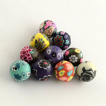 Handmade Flower Pattern Polymer Clay Beads, Round, Mixed Color, 13~14mm, Hole: 1~2mm
