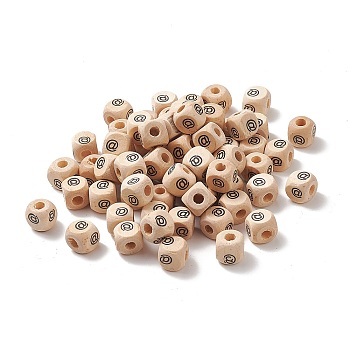 Maple Natural Wood European Beads, Large Hole Beads, Cube with Mark @, Antique White, 10x10x10mm, Hole: 4mm, 300pcs/bag