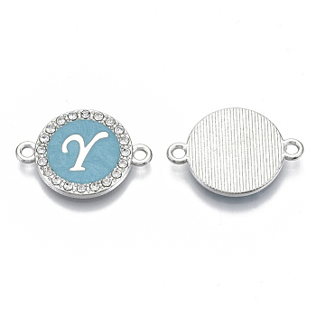 Alloy Enamel Links Connectors, with Crystal Rhinestones, Flat Round with Letter, Silver Color Plated, Letter.Y, 22x16x2mm, Hole: 1.8mm