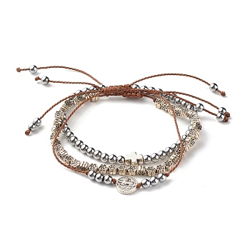 Synthetic Hematite Braided Bead Bracelets Set, Cross & Jesus & Flower Bracelets for Women, Platinum, Inner Diameter: 3/8~3 1/8 inch(1.1~9cm), 3pcs/set