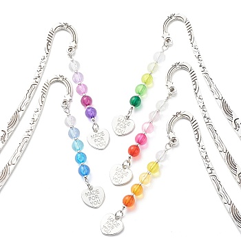 Gradient Color Transparent Acrylic Beaded Bookmarks, Tibetan Style Alloy Heart Charm Bookmark, Hook Book Marker, Mixed Color, 122mm