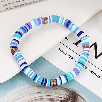 Handmade Polymer Clay Heishi Beaded Stretch Bracelets with CCB for Women, Golden, Blue, 7.09 inch(18cm)