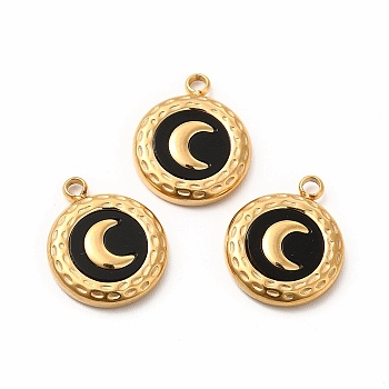 Vacuum Plating 304 Stainless Steel Pendants, with Acrylic, Flat Round with Moon, Golden, 16x13x3mm, Hole: 1.6mm