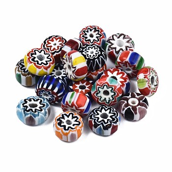 Handmade Millefiori Lampwork Beads, Flat Round, Mixed Color, 11~13x5~6mm, Hole: 1~3mm