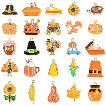 50Pcs 25 Styles Thanksgiving Day Alloy Enamel Pendants, Light Gold, Mixed Shapes, 13~28x8~24x1~1.5mm, Hole: 1.6~2mm, 2pcs/style