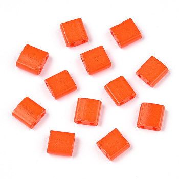 2-Hole Baking Paint Glass Seed Beads, Rectangle, Orange Red, 5x4.5~5.5x2~2.5mm, Hole: 0.5~0.8mm