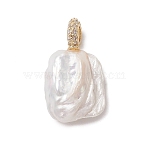 Natural Baroque Keshi Pearl Pendants, with Micro Pave Clear Cubic Zirconia Pendant Bails, Golden, Floral White, Rectangle Charms, 27x15.5x9mm, Hole: 3mm(PALLOY-JF05219-02)