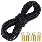 5M Round Braided PU Leather Cords, with 4Pcs Brass Cord Ends and 1Pc Organza Gift Drawstring Bags, Golden, Black, 3.6mm, about 5.47 Yards(5m)/Set(WL-CL0001-33A)