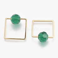Brass Linking Rings, Real 18K Gold Plated, with Glass, Square, Sea Green, 19.5x16x8mm(KK-S348-093A)