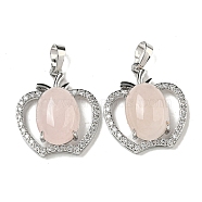 Natural Rose Quartz with Clear Cubic Zirconia Pendants, Apple Charms with Rack Plating Brass Findings, Platinum, Cadmium Free & Lead Free, 28.5x25.5x9~10mm, Hole: 7x5mm(G-G133-03P-27)