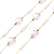 Ion Plating(IP) 304 Stainless Steel Handmade Beaded Chain, with Glass, ABS Imitation Pearl, with Spool, Soldered, Real 18K Gold Plated, Flower, Misty Rose, 8x8x4.5mm, about 16.40 Feet(5m)/Roll(CHS-K019-01G-02)