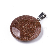 Synthetic Goldstone Pendants, with Platinum Tone Brass Bails, Flat Round, 22~25x19~21x5~7mm, Hole: 3x6mm(X-G-R470-004)