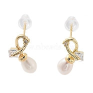 Natural Pearl Ear Studs, with Brass Glass Findings and 925 Sterling Silver Pins, Oval, Real 14K Gold Plated, 14.5x10mm(EJEW-P256-43G)