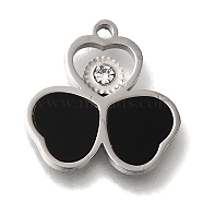 Acrylic Pendants, with 304 Stainless Steel Rhinestone Findings, Heart Clover Charm, Stainless Steel Color, 15x15.5x2.5mm, Hole: 1.4mm(STAS-M059-03P-01)