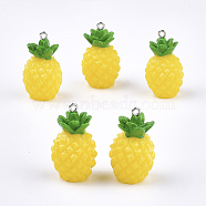 Resin Pendants, with Platinum Tone Iron Findings, Imitation Food, Pineapple, Yellow, 32~33x19~20x18~19mm, Hole: 2mm(RESI-T028-51)