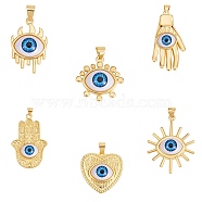 6Pcs 6 Styles Resin Pendants, with Real 18K Gold Plated Brass Findings, Long-Lasting Plated, mixed Shapes with Evil Eye, Dodger Blue, 21.5~43x10~27x6~11mm, Hole: 5~6x3.5mm, 1pc/style(KK-SZ0001-94)