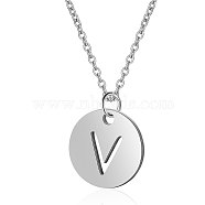201 Stainless Steel Initial Pendants Necklaces, with Cable Chains, Flat Round with Letter, Stainless Steel Color, Letter.V, 16.3 inch(40cm), 1mm(NJEW-S069-TN507-V)
