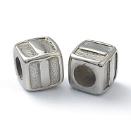 304 Stainless Steel European Beads, Large Hole Beads, Horizontal Hole, Cube with Letter, Stainless Steel Color, Letter.I, 8x8x8mm, Hole: 4mm(STAS-H145-01I-P)