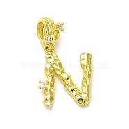 Rack Plating Brass Micro Pave Cubic Zirconia European Dangle Charms, Large Hole Letter Pendant, Real 18K Gold Plated, Long-Lasting Plated, Cadmium Free & Lead Free, Letter N, 26mm, Charm: 16x13.5x2mm, Hole: 4x2.5mm(KK-L210-015G-N)