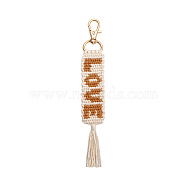 Valentine's Day Word Love Hand-woven Cotton Pendant Decorations, Bohemian Style Letter Tassel Ornaments, with Alloy Lobster Clasp Charm, Peru, 180x28mm(BOHO-PW0001-068C)