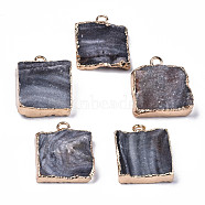 Natural Druzy Agate Pendants, Druzy Trimmed Stone, with Light Gold Plated Edge and Iron Loop, Square, Gray, 20~21x17~18x4~8mm, Hole: 2mm(G-N326-60)