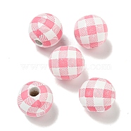 Printed Wood European Beads, Round with Tartan Pattern, Cerise, 15.5~16mm, Hole: 4~4.5mm(WOOD-G022-13N)