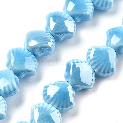 Handmade Porcelain Beads, Shell Shape, Sky Blue, 10x12x6.5mm, Hole: 2mm, about 35pcs/strand, 13.19''(33.5cm)(PORC-Q002-01H)