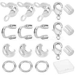 340Pcs Ending Findings Kits for DIY Jewelry, Including Brass Bead Tips & Crimp Beads & Wire Guardians & Jump Rings & Lobster Claw Clasps, Silver(KK-SC0001-88S)