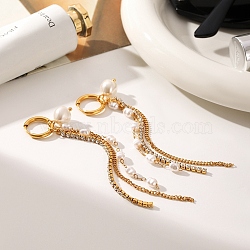 304 Stainless Steel Pave Clear Cubic Zirconia Hoop Earrings, Natural Freshwater Pearl Tassel Earrings, Golden, 100x14.1mm(WG6C0B9-01)