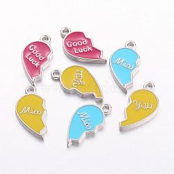 Alloy Enamel Pendants, Cadmium Free & Lead Free, Split Heart Pendant, Mixed Color, Platinum, about 11mm wide, 21~22mm long, hole: 2mm(E409)