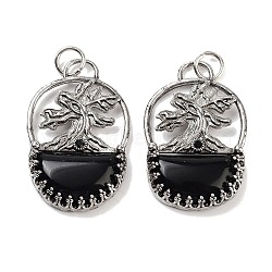 Natural Obsidian Bag Pendants, Rack Plating Antique Silver Plated Brass Tree Charms, Cadmium Free & Lead Free, 41x26x6mm, Hole: 5.5mm(G-Q163-06AS-09)