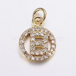 Long-Lasting Plated & Rack Plating Brass Micro Pave Cubic Zirconia Letter Charms, Flat Round, Real 18K Gold Plated, Letter.B, 13x10x2mm, Hole: 3mm(ZIRC-A007-04B-G)