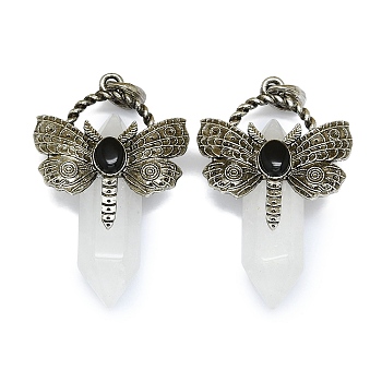 Natural Quartz Crystal Faceted Pointed Bullet Big Pendants, Rack Plating Antique Silver Plated Alloy Butterfly Rock Crystal Charms, Cadmium Free & Lead Free, 54x33.5x18.5~19mm, Hole: 6.5x7.5mm