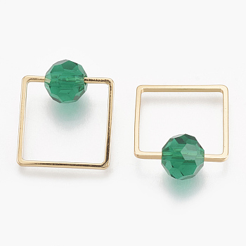 Brass Linking Rings, Real 18K Gold Plated, with Glass, Square, Sea Green, 19.5x16x8mm