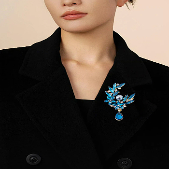 1Pc Alloy Rhinestone Brooches, Flower, with Plastic Imitation Pearl Beads, Indicolite, 58x43.5mm