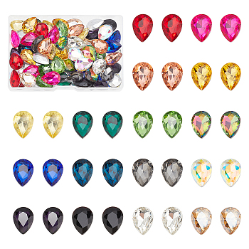 96Pcs 16 Colors Glass Rhinestone Cabochons, Pointed Back & Back Plated, Faceted, Teardrop, Mixed Color, 18x13x5~6.5mm, 6pcs/color