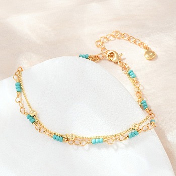 Synthetic Turquoise Multi-strand Bracelets, Brass Satellite Chains Bracelets, Golden, 7.24 inch(18.4cm)