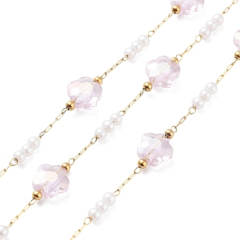 Ion Plating(IP) 304 Stainless Steel Handmade Beaded Chain, with Glass, ABS Imitation Pearl, with Spool, Soldered, Real 18K Gold Plated, Flower, Misty Rose, 8x8x4.5mm, about 16.40 Feet(5m)/Roll