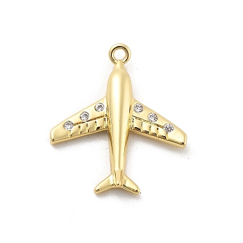 Brass Micro Pave Clear Cubic Zirconia Pendants, Airplane Charms, Rack Plating, Long-Lasting Plated, Lead Free & Cadmium Free, Real 18K Gold Plated, 18.5x15.5x2.5mm, Hole: 1mm