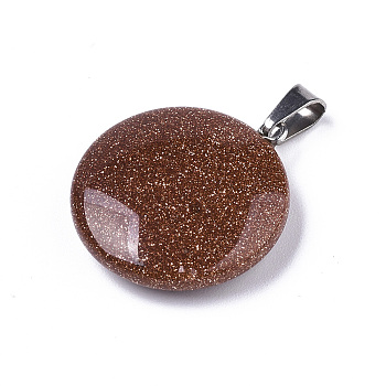 Synthetic Goldstone Pendants, with Platinum Tone Brass Bails, Flat Round, 22~25x19~21x5~7mm, Hole: 3x6mm