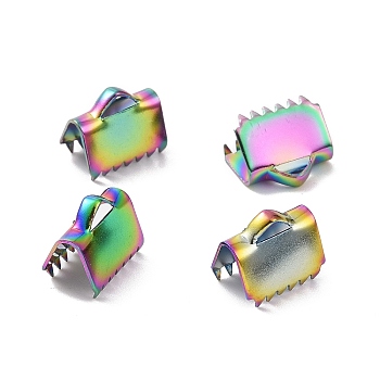 Ion Plating(IP) 304 Stainless Steel Ribbon Crimp Ends, Rainbow Color, 9.5x10.5mm, Hole: 1.5x3mm