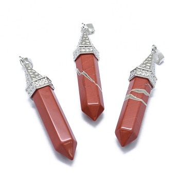 Natural Red Jasper Pointed Pendants, with Alloy Findings, Bullet, Platinum, 61x14.5x12.5mm, Hole: 3.5x
7.5mm