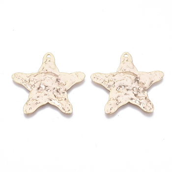 Brass Pendants, Hammered, Nickel Free, Sea Star/Starfish, Real 18K Gold Plated, 35x36.5x2mm, Hole: 1.8mm