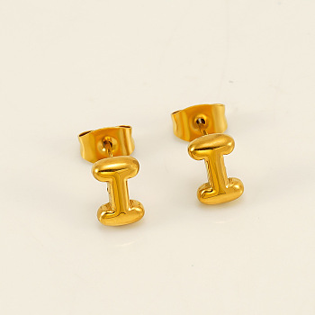 Chunk Letter 304 Stainless Steel Stud Earrings for Women, Real 18K Gold Plated, Letter I, 7.5~8.5x5~10.5mm